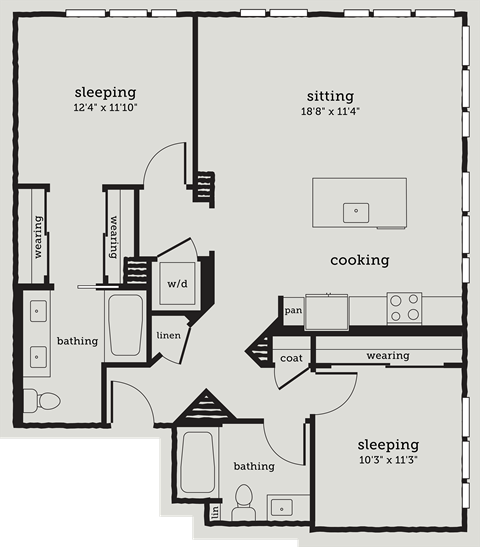 Floor plan for 2 beds, 2 baths, 1100 sqft